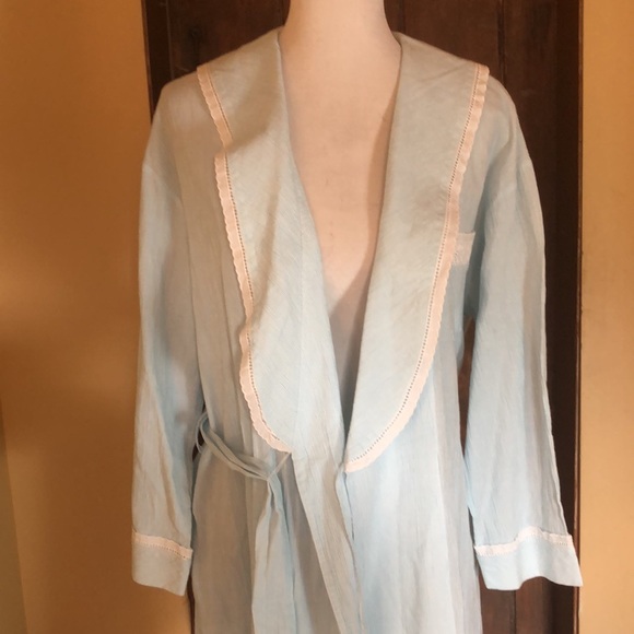 VTG02 EILEEN WEST size Small Cotton Robe LaceTrim Eyelet Stripe Shawl Collar NEW - Picture 9 of 16